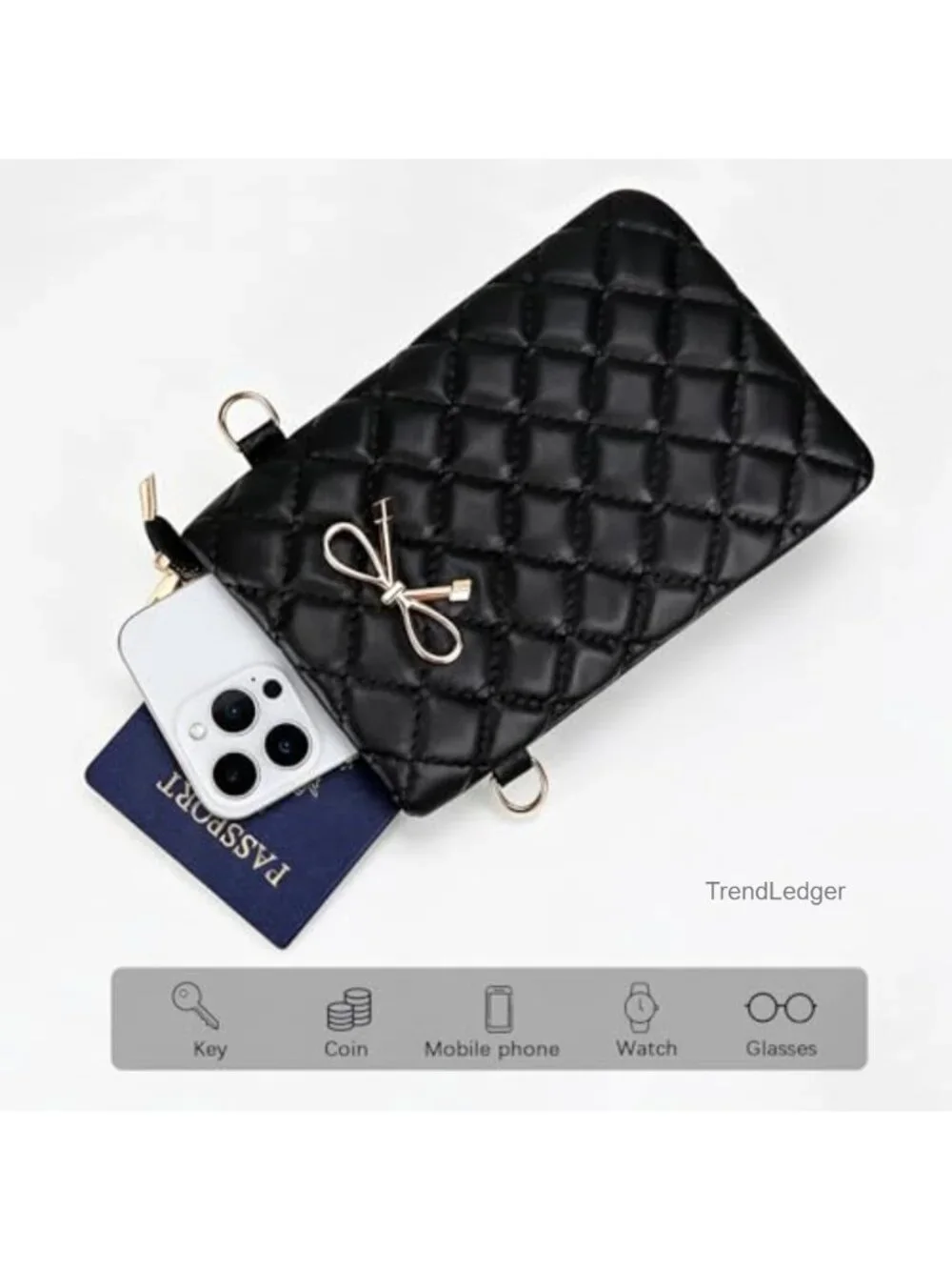 PU Leather Crossbody Bag Metal Bow Phone Bag Zipper Fashion Shoulder Bag